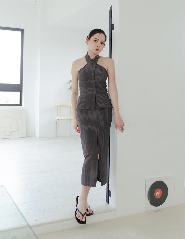 Ada Pinstripe Halter Top in Dark Grey
