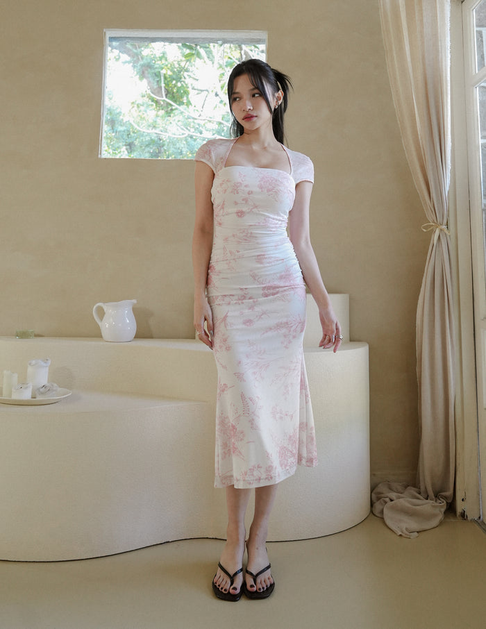 Adrianna Floral Mesh Padded Dress in Pink