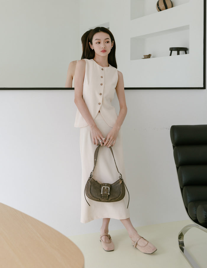 Allison Button Front Vest Top in Beige
