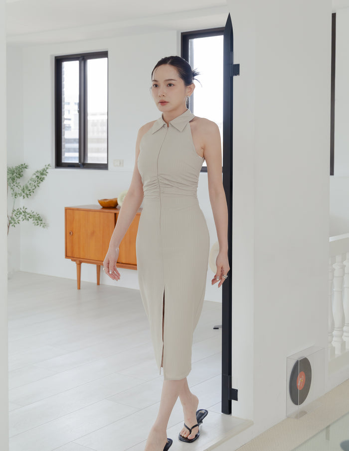 Annie Pinstripe Midi Dress in Beige