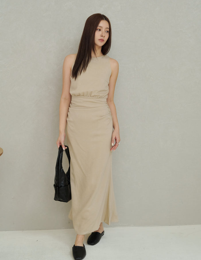 Cameron Ruched Dress in Beige