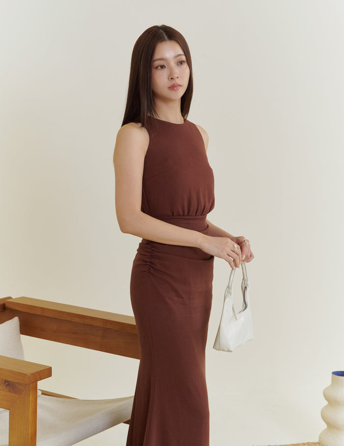 Cameron Ruched Dress in Brown