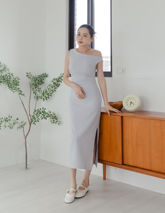 Carys Off Shoulder Midi Dress in Grey Blue