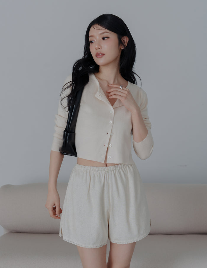 Ellis Lace Trim Linen Shorts in Sand