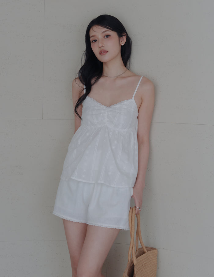 Ellis Lace Trim Linen Shorts in White