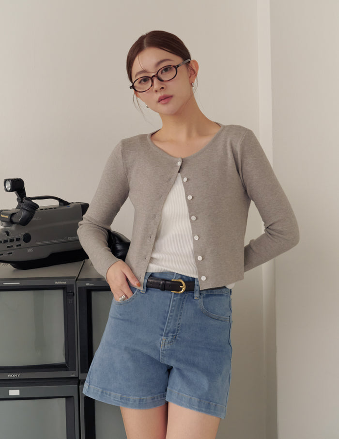 Emma Stretchy High Waisted Denim Shorts in Mid Wash