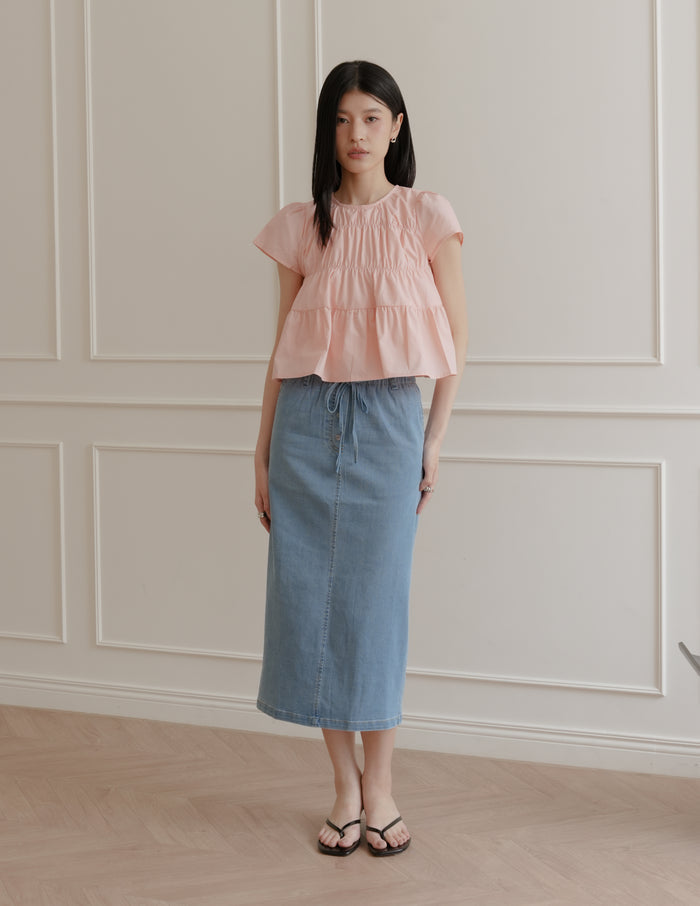 Ivy Contrast Waist Denim Skirt in Light Wash