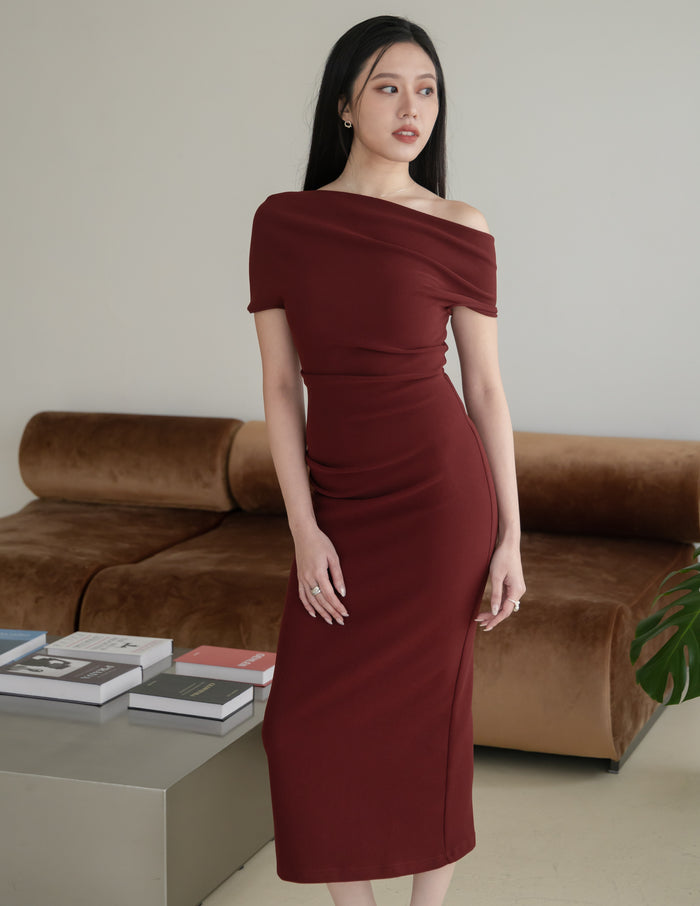 Janelle Asymmetrical Shoulder Dress in Burgundy