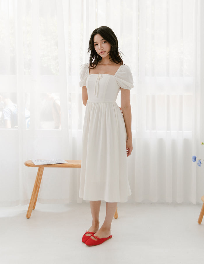Kristy Lace Trimmed Midi Dress in White