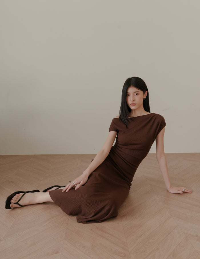 Louise Ruched Knit Dress in Brown