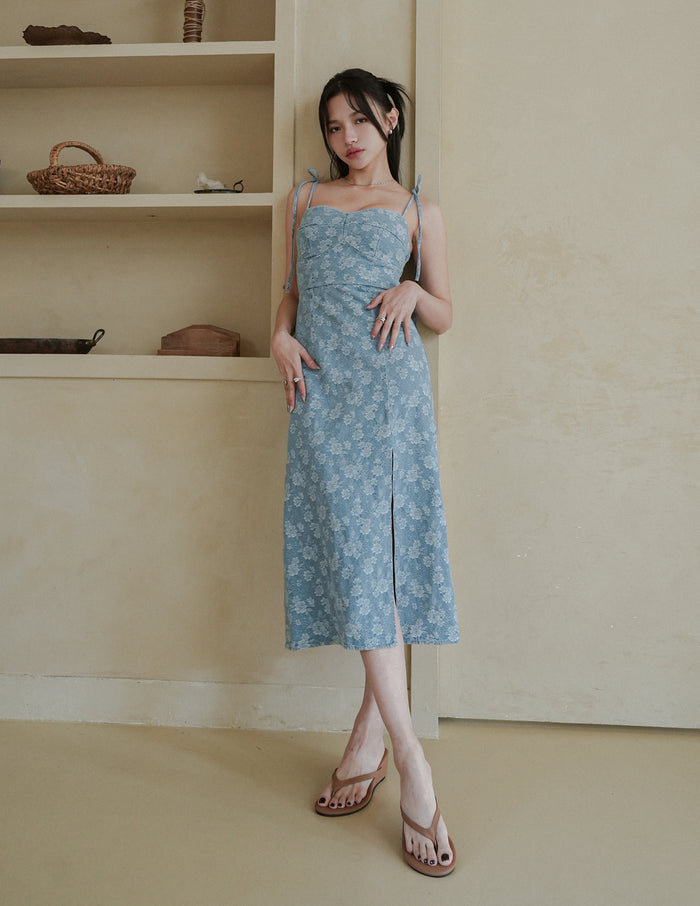 Myra Floral Denim Dress in Light Wash