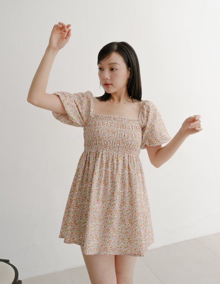 Nola Smocked Babydoll Dress in Sunset Garden