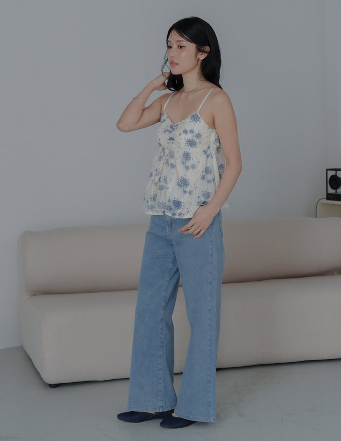 Rita Padded Babydoll Top in Blue Floral