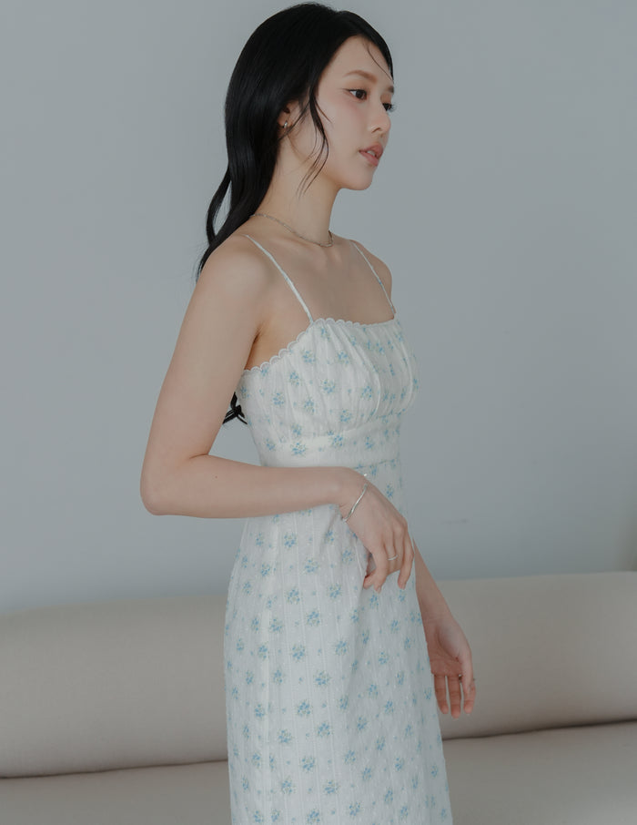 Sophia Lace Trim Midi Dress in Blue Floral