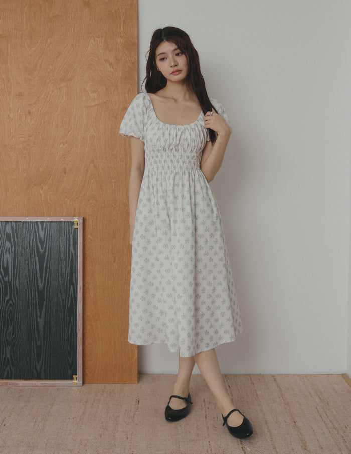 Stefanie Shirred Midi Dress in Blue Floral