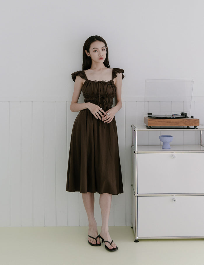 Sylvie Tie Front Linen Midi Dress in Coffee