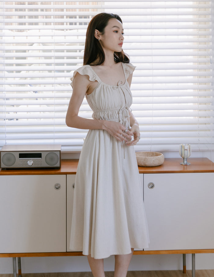 Sylvie Tie Front Linen Midi Dress in Oat