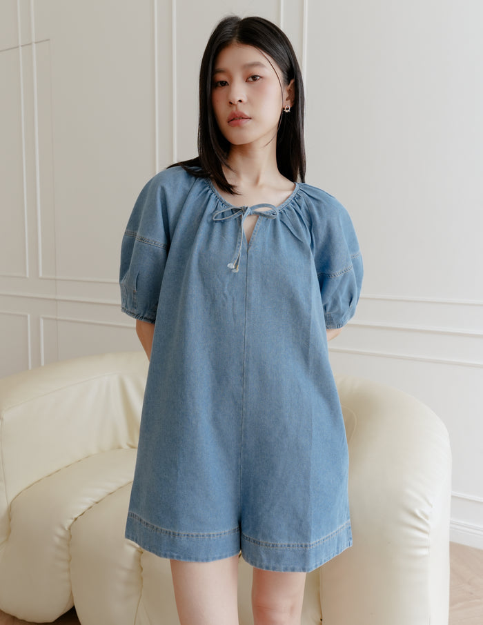 Trixi Oversized Denim Romper in Mid Wash