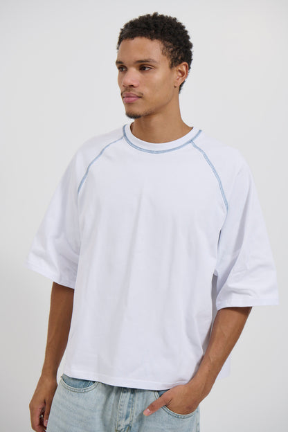 Contrast Stitch Raglan Tee White