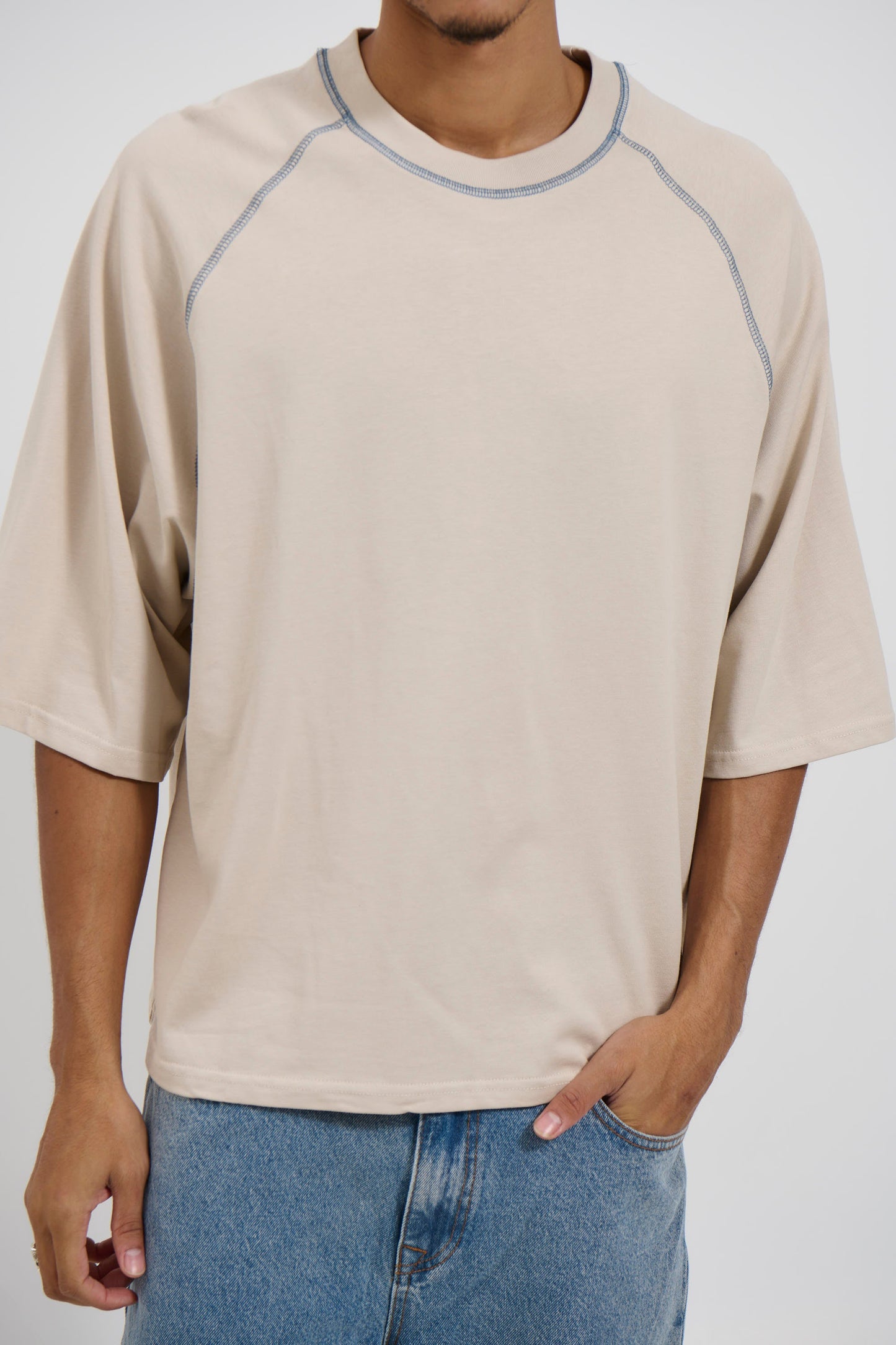 Contrast Stitch Raglan Tee Stone - FINAL SALE
