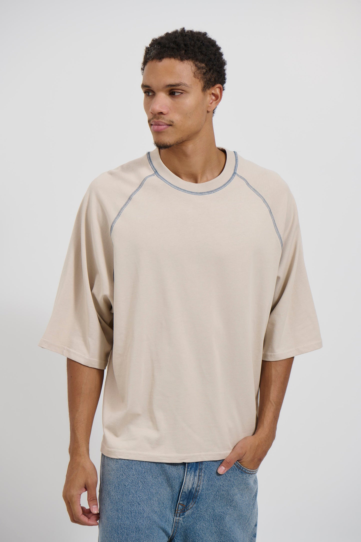 Contrast Stitch Raglan Tee Stone - FINAL SALE