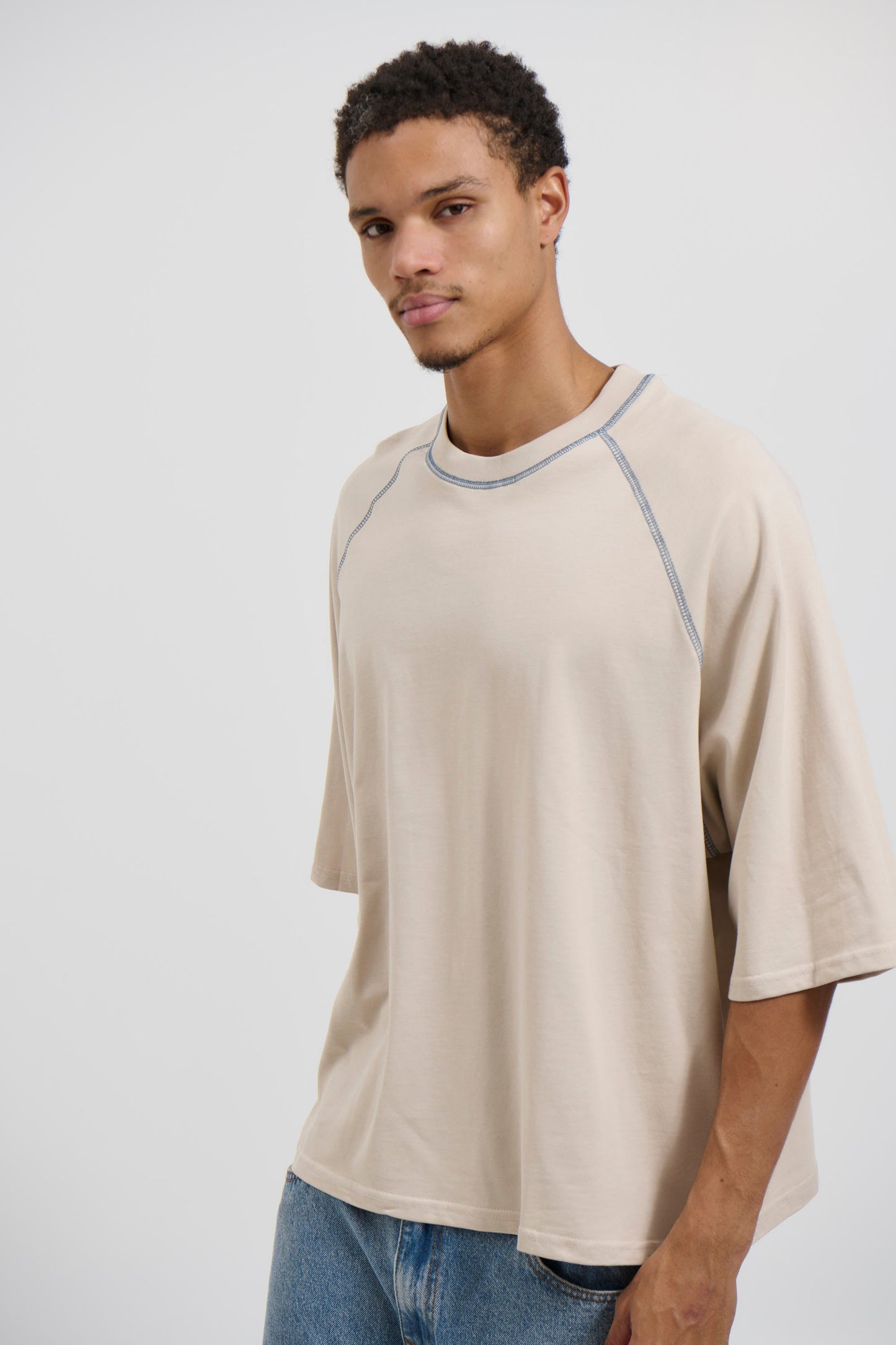 Contrast Stitch Raglan Tee Stone - FINAL SALE