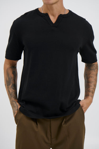 Knitted Split Neck Tee Black - FINAL SALE