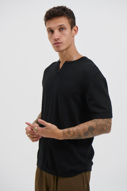 Knitted Split Neck Tee Black - FINAL SALE