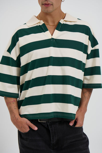 Jersey Crop Polo Stripe Emerald