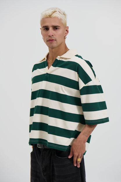 Jersey Crop Polo Stripe Emerald