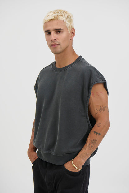 Cropped Fleece Ribbed Tank Charcoal
