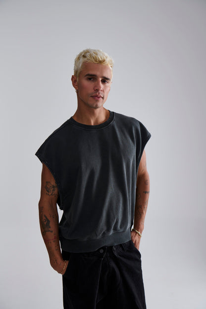 Cropped Fleece Ribbed Tank Charcoal