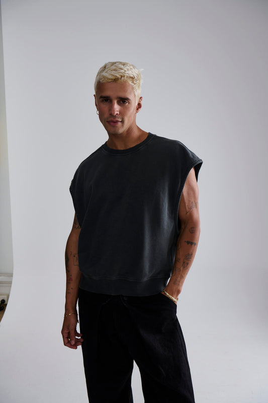 Cropped Fleece Ribbed Tank Charcoal
