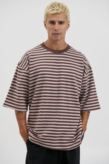 Lesley Stripe Crew Tee Choc - FINAL SALE