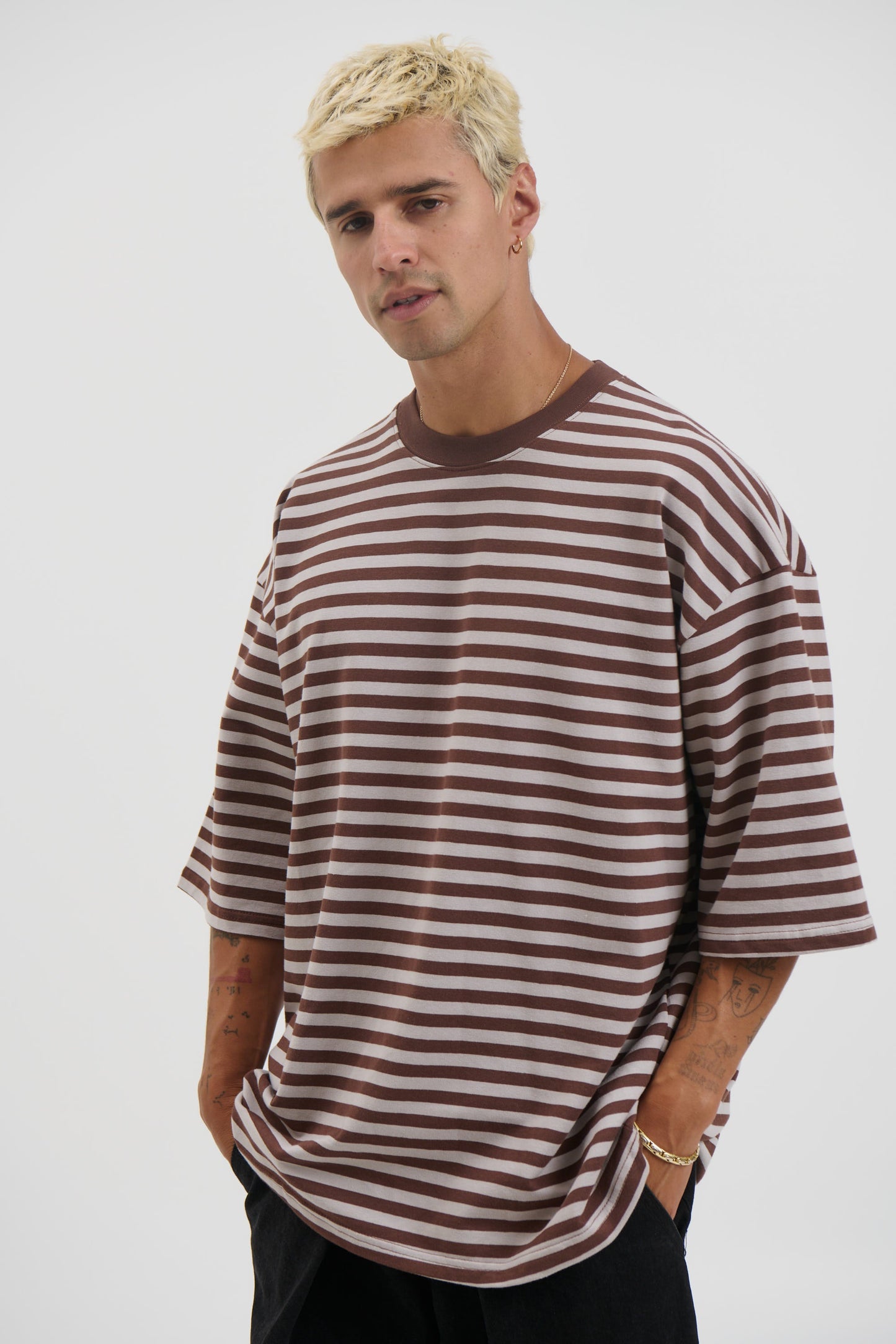 Lesley Stripe Crew Tee Choc - FINAL SALE