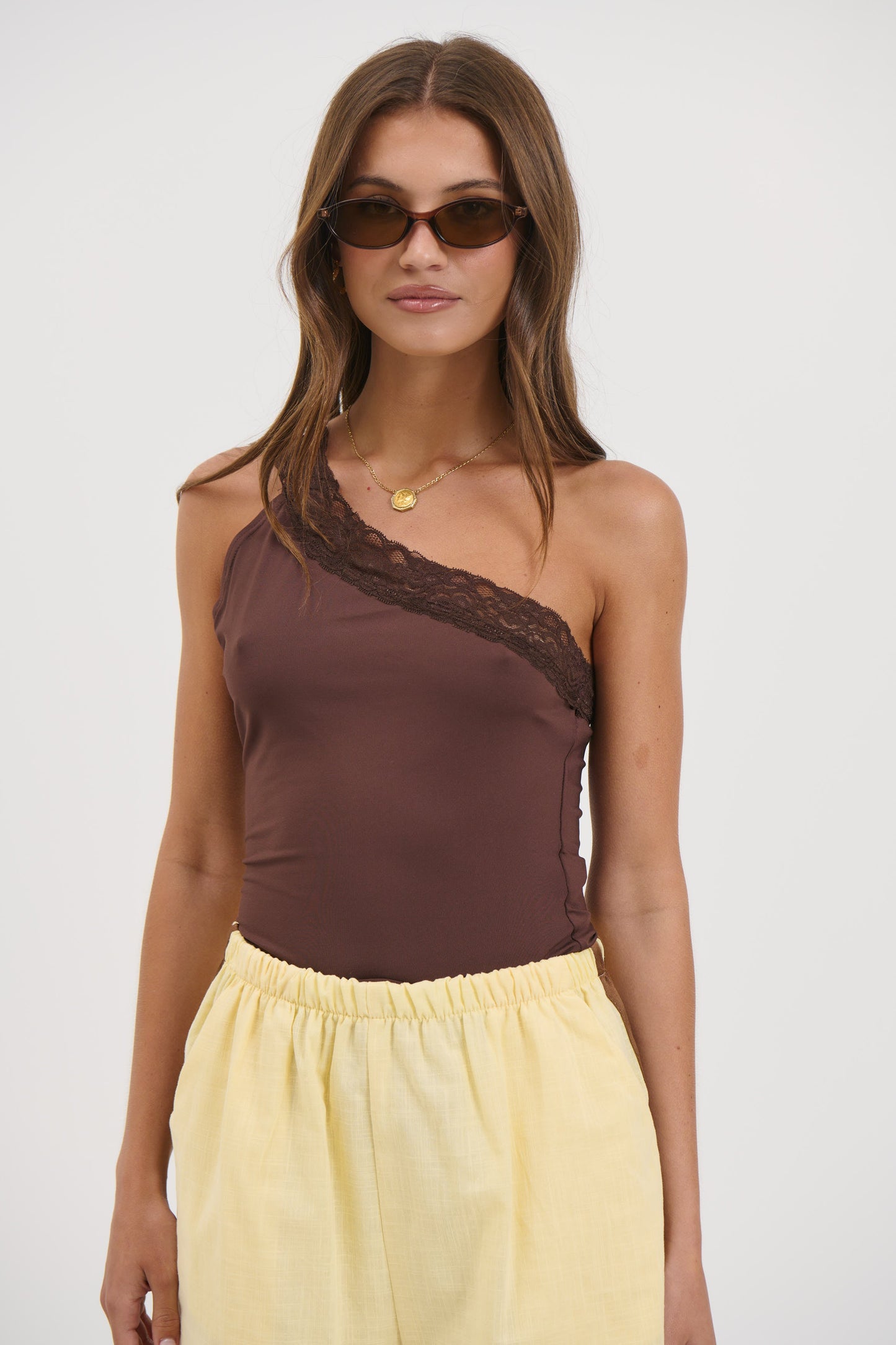 Bek Lace Trim Top Chocolate