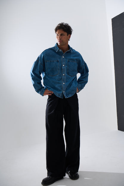 Drop Shoulder Denim Shirt Blue