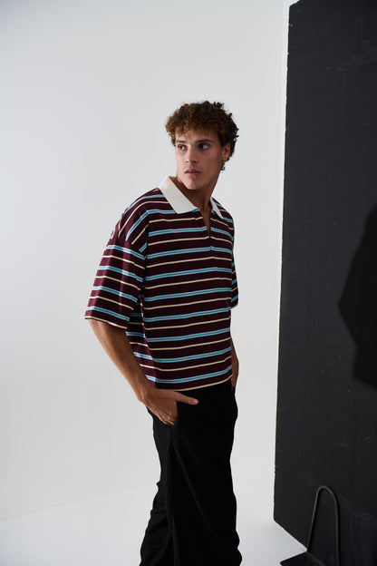 Jersey Crop Polo Wine Stripe