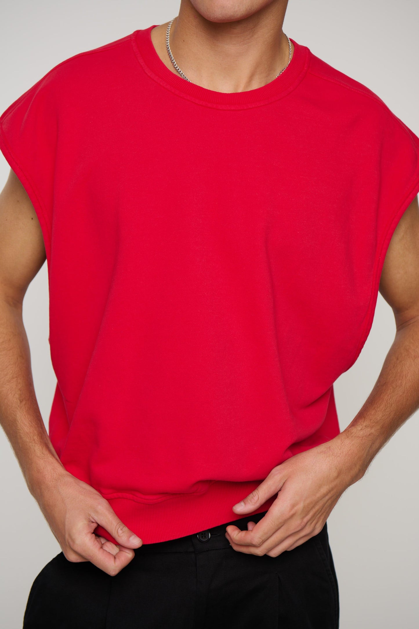 Cropped Fleece Ribbed Tank Red