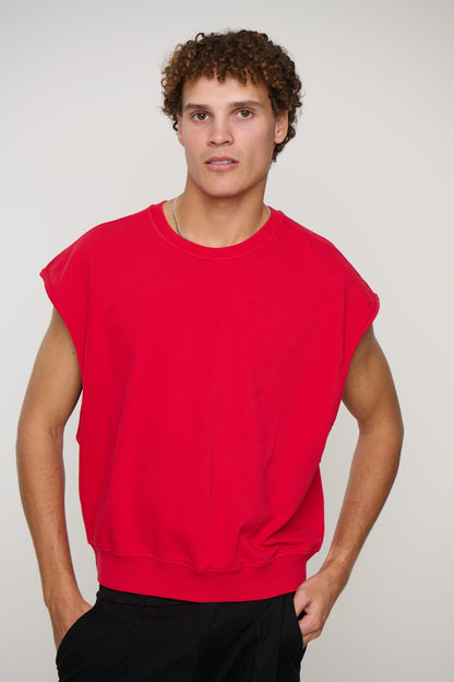 Cropped Fleece Ribbed Tank Red