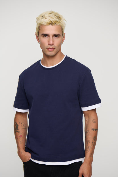 Double Trim Cotton Tee Navy