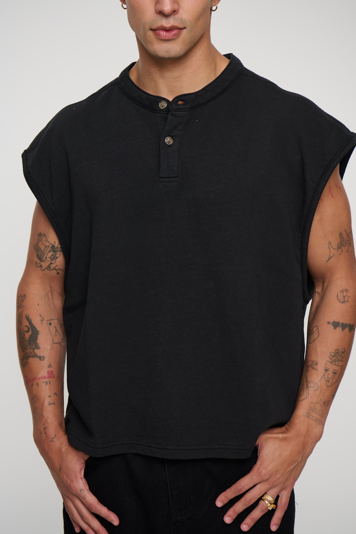 Fleece Crop Henley Tank Black