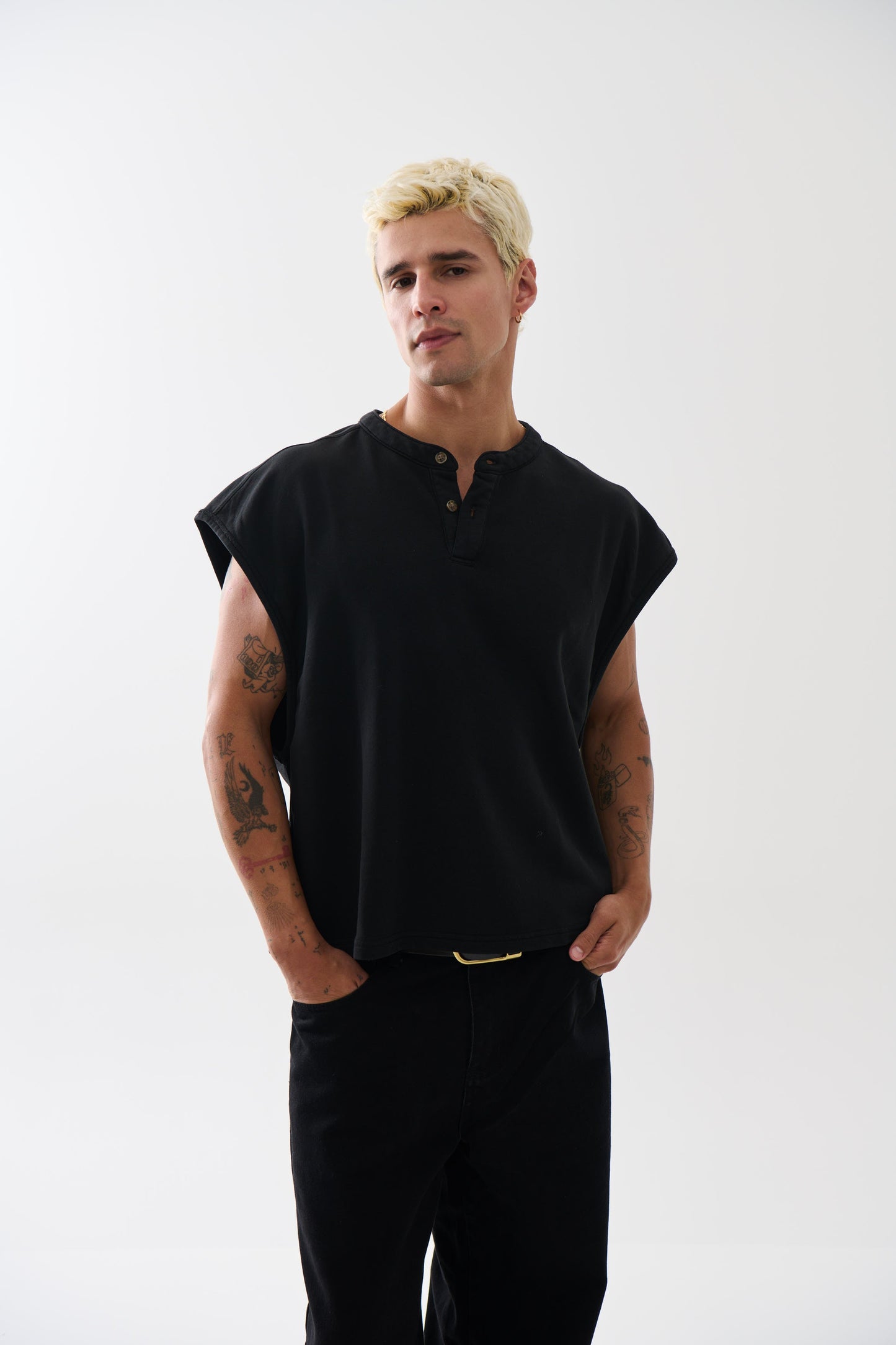 Fleece Crop Henley Tank Black