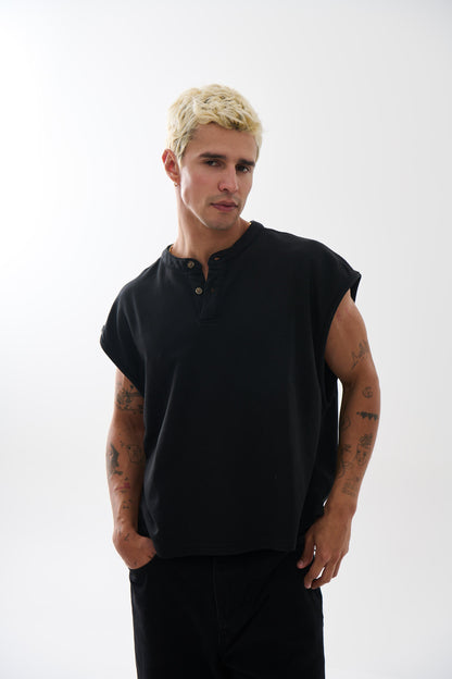 Fleece Crop Henley Tank Black
