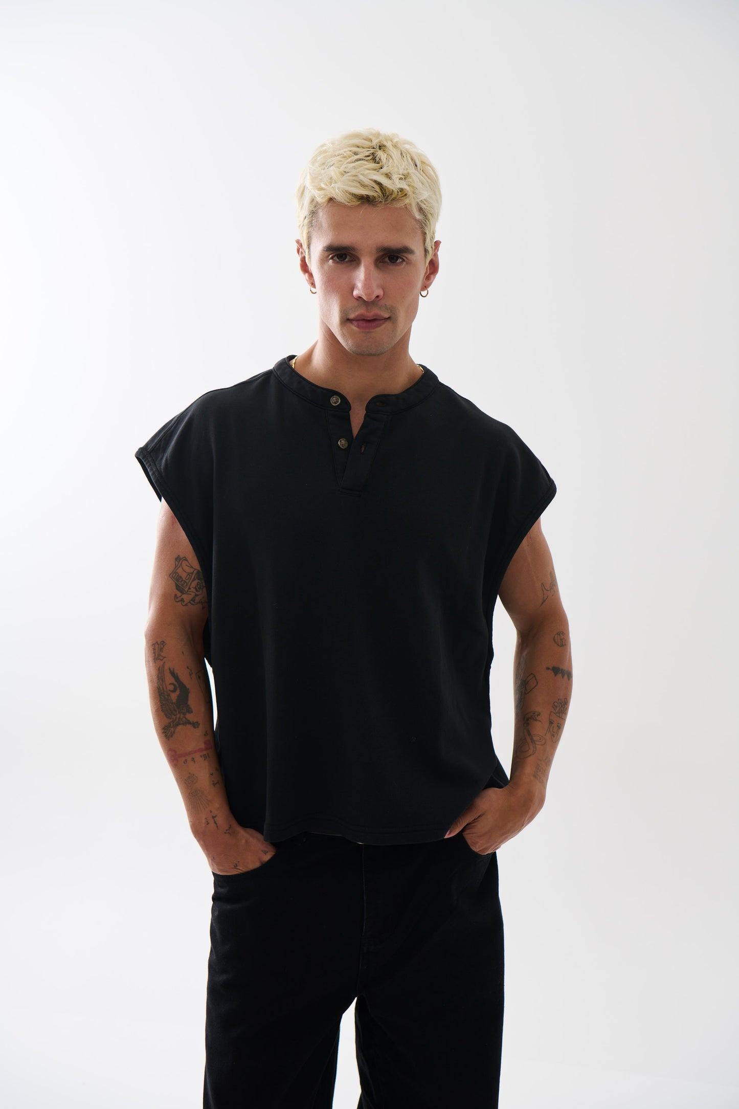 Fleece Crop Henley Tank Black