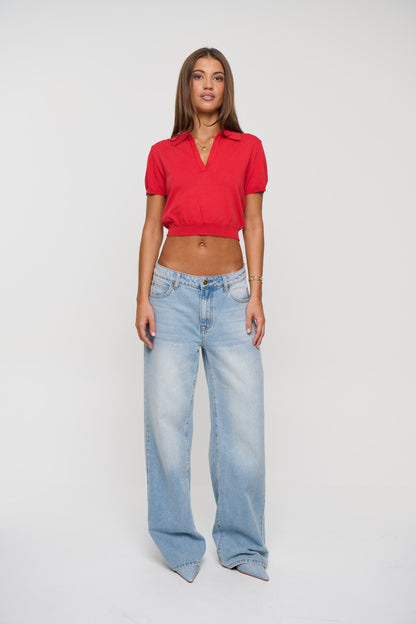 Lena Cropped Polo Cherry