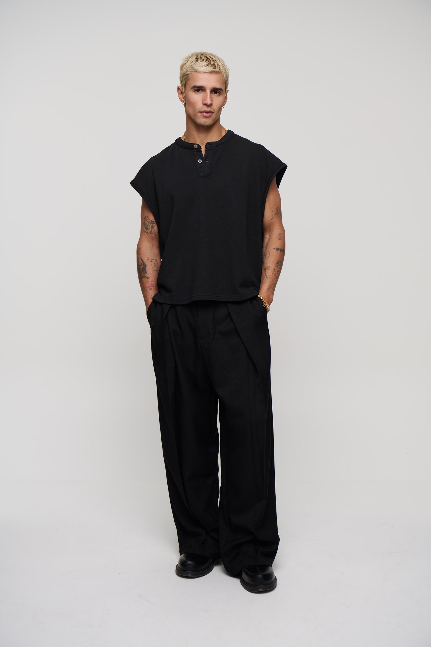 Fleece Crop Henley Tank Black
