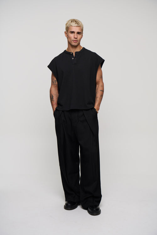 Fleece Crop Henley Tank Black