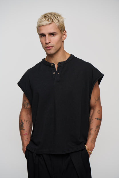 Fleece Crop Henley Tank Black