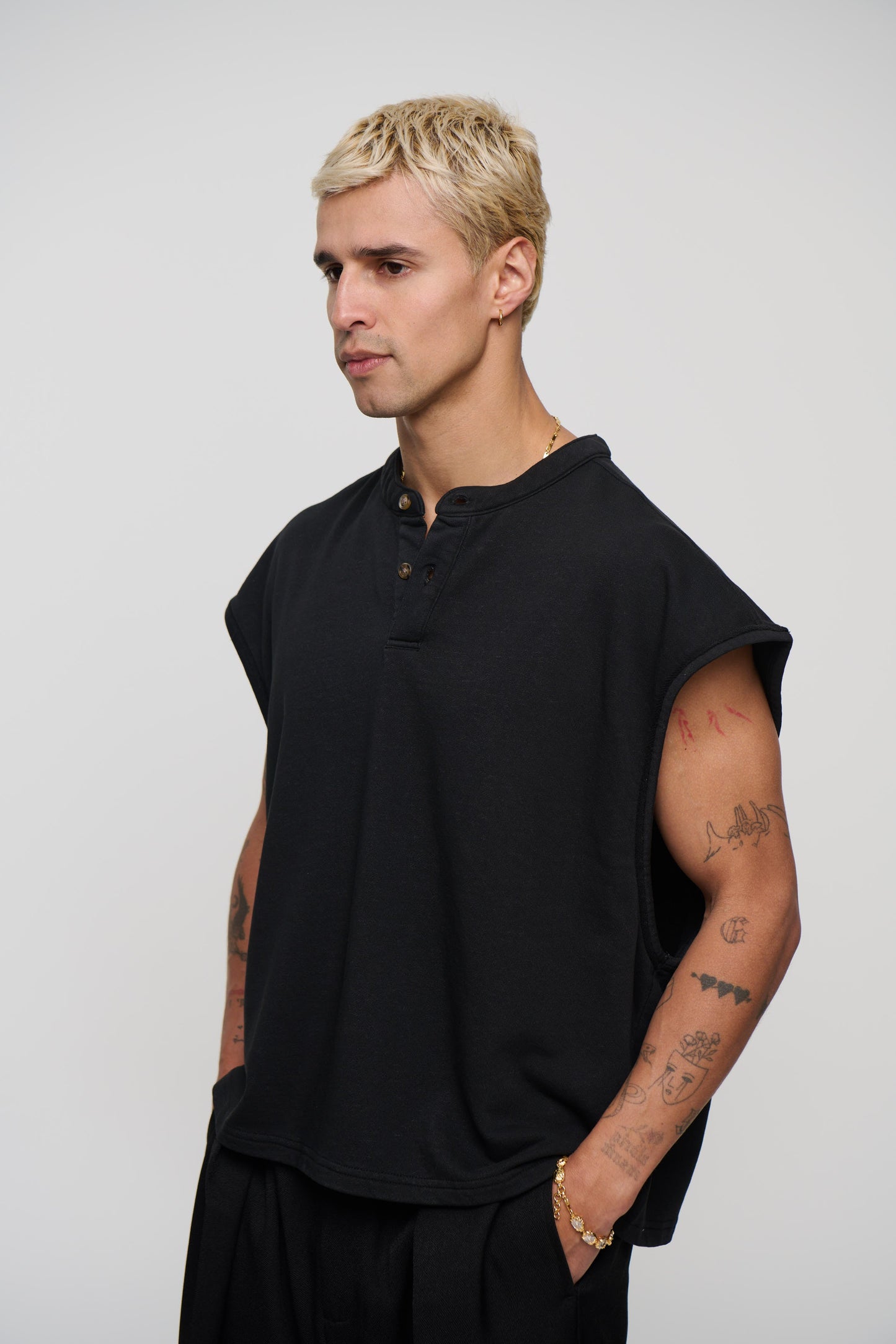 Fleece Crop Henley Tank Black